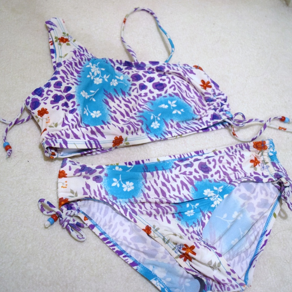 NEW AMY BYER Leopard Floral One Shoulder Bikini Swimsuit Set